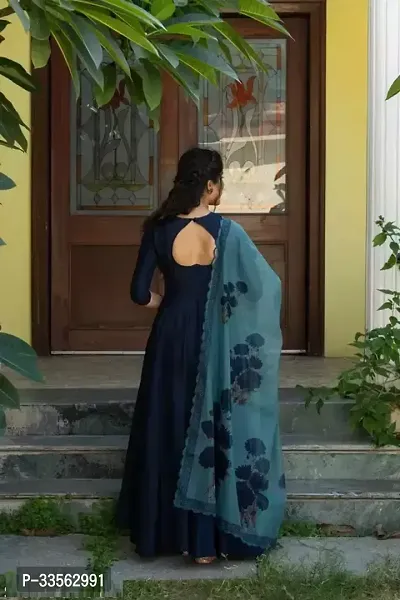 Trendy Blue Taffeta Silk Gown With Dupatta For Women-thumb3