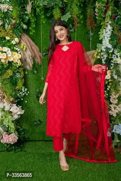 Stylish Red Georgette Embroidered Kurta, Bottom and Dupatta Set For Women