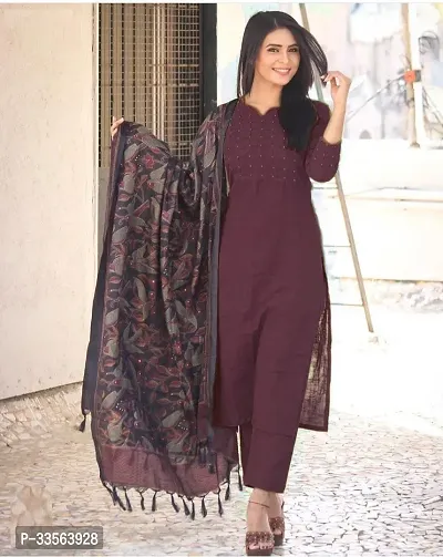 Stylish Maroon Cotton Embroidered Kurta, Bottom and Dupatta Set For Women