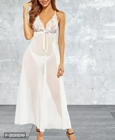 Stylish White Net Solid Wedding Nighty For Women-thumb0