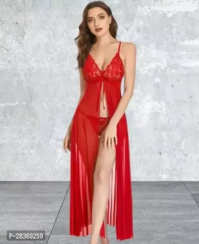 Stylish Red Net Solid Wedding Nighty For Women