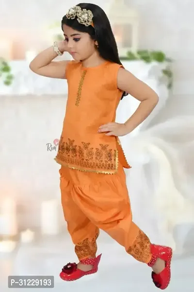 Stylish Orange Cotton Blend Dresses For Girls-thumb0