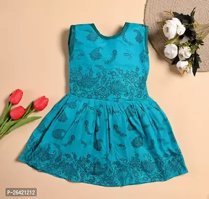 Designer Blue Cotton Blend Printed Frocks Dresses For Girls-thumb0