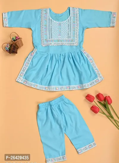 Fabulous Blue Cotton Blend Embroidered Clothing Set For Girls-thumb0