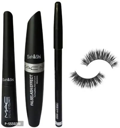 Soft Natural Black Eyelashes, Eyebrow Pencil Black With Mascara And Liquid Eyeliner (3In1) (4 Items In The Set)