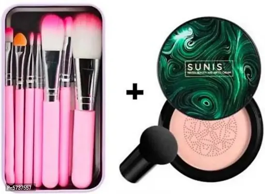 7 Pcs Pink Makeup Brushes & Sunisa Mushroom Foundation Cream (Pack Of 2 Item)