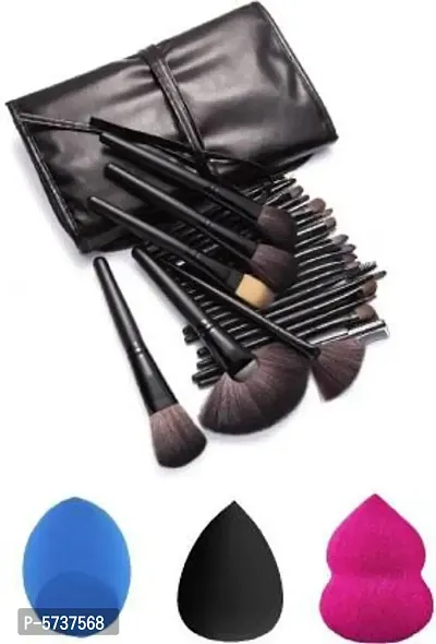 Professional Make Up Brushes Sets With Leather Storage Pouch&nbsp;With 3Pcs Makeup Blander Puff&nbsp;(Pack Of 24)