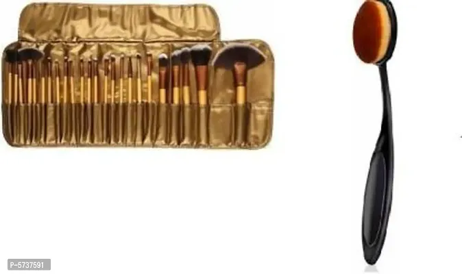 24 Piece Professional Makeup Brushes Golden Leather Pouch With Makeup Ovel Brush