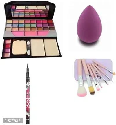 Makeup Kit With Makeup Blander Puff, 36H Waterproof Black Eyeliner Pencil And 7Pc Makeup Brush (Pack Of 4 Item)