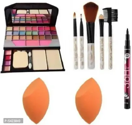 Makeup kit + 5 pcs Makeup Brush + 2 pc Blender Puff with 36H Waterproof eyeliner pencil Combo (Pack of 5)