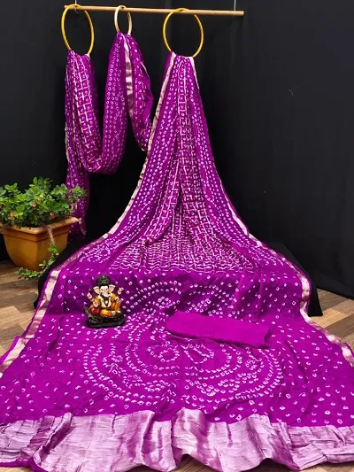 Handmade Bandhani Art Silk Sarees With Blouse Piece