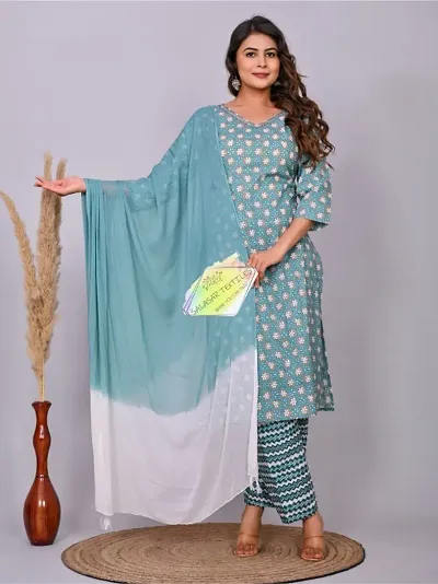 Stylish Cotton Printed Straight Kurtis Bottom and Dupatta Set