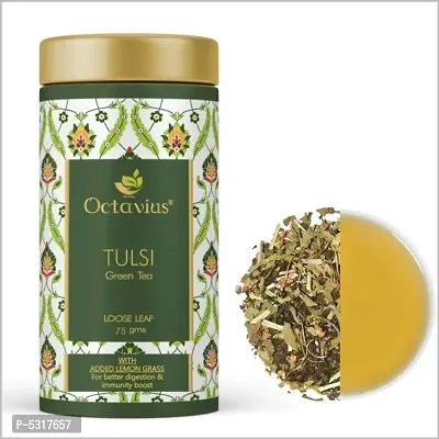 Octavius Tulsi Lemongrass Green Tea Loose Leaf - 75 Gms (35 Cups) | Detox Tea | Superior Loose leaf Flavour Experience| Low Caffeine |All Natural Blend |No artificial flavors | Rich In Antioxidants |R-thumb0