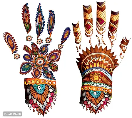 Temporary Tattoowala Multicolor Mehndi Magic Women's Temporary Tattoo for Vibrant Style Colorful Mehndi design 1 Pair Both Hand-thumb4