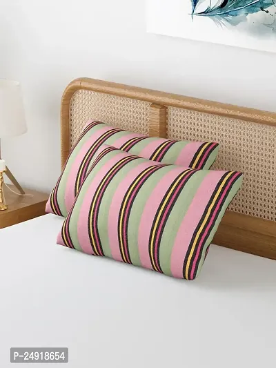 Textile Nation 180 TC Premium Cotton Pillow Covers | Striped Pillow Cases | Size 17x27 Inch | Set of 2 Pillow Covers | Excellent Comfort  Breathable (Pink  Olive)-thumb5