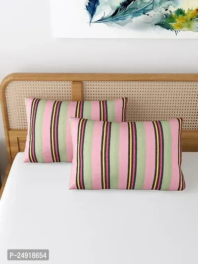 Textile Nation 180 TC Premium Cotton Pillow Covers | Striped Pillow Cases | Size 17x27 Inch | Set of 2 Pillow Covers | Excellent Comfort  Breathable (Pink  Olive)-thumb0