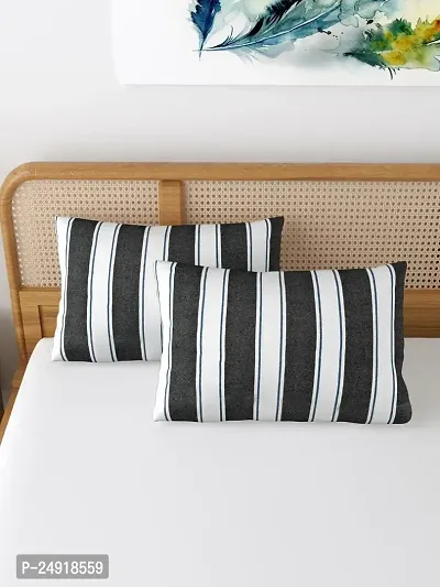 Textile Nation 180 TC Premium Cotton Pillow Covers | Striped Pillow Cases | Size 17x27 Inch | Set of 2 Pillow Covers | Excellent Comfort  Breathable | Black  White