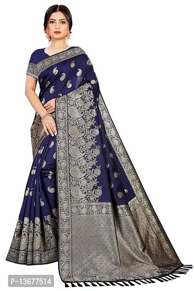 Achakan Women's Blend Banarasi Jacquard Woven Designing Saree For Women With Unstitched Blouse Piece (Blue)-thumb0