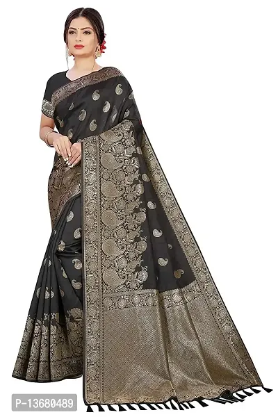 Achakan Women's Blend Banarasi Jacquard Woven Designing Saree For Women With Unstitched Blouse Piece (Black)