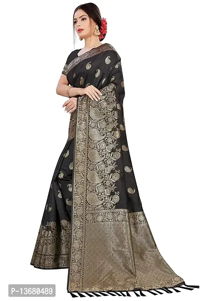 Achakan Women's Blend Banarasi Jacquard Woven Designing Saree For Women With Unstitched Blouse Piece (Black)-thumb2