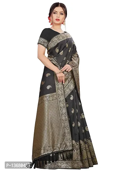 Achakan Women's Blend Banarasi Jacquard Woven Designing Saree For Women With Unstitched Blouse Piece (Black)-thumb3