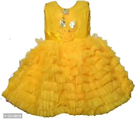 Fabulous Yellow Net Solid Frocks For Girls-thumb0