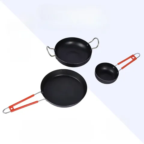 Pure  Natural Iron Cookware Set - Iron Kadhai(1.2L), Fry Pan(1L)  Tadka Pan(0.4L) - 3 Pcs Combo Set for Kitchen