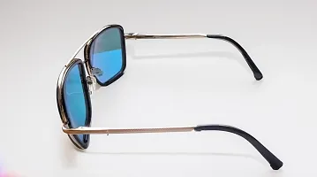 Double-Mirrored Rectangular Unisex Sunglasses - (Mirror Red-Gold  Blue Lens) Steel-Black Frame-thumb3