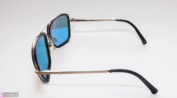 Double-Mirrored Rectangular Unisex Sunglasses - (Mirror Red-Gold  Blue Lens) Steel-Black Frame-thumb4