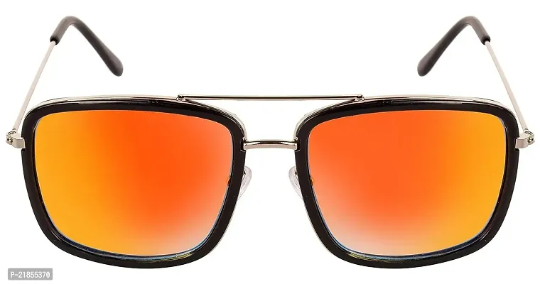 Double-Mirrored Rectangular Unisex Sunglasses - (Mirror Red-Gold  Blue Lens) Steel-Black Frame