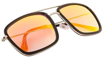 Double-Mirrored Rectangular Unisex Sunglasses - (Mirror Red-Gold  Blue Lens) Steel-Black Frame-thumb2