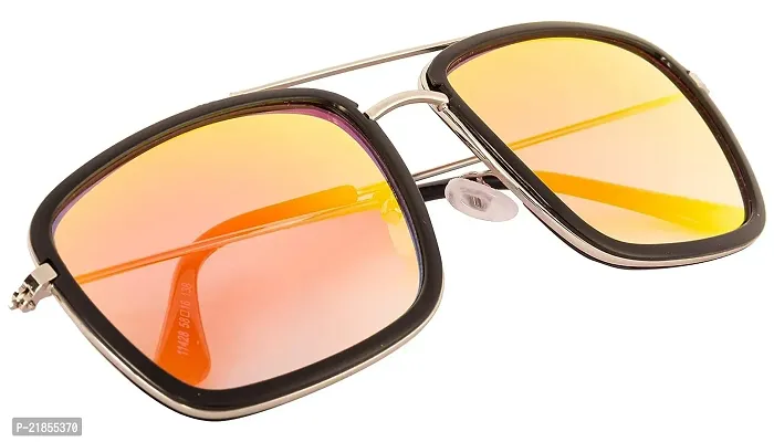 Double-Mirrored Rectangular Unisex Sunglasses - (Mirror Red-Gold  Blue Lens) Steel-Black Frame-thumb3