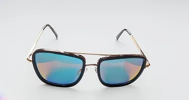 Double-Mirrored Rectangular Unisex Sunglasses - (Mirror Red-Gold  Blue Lens) Steel-Black Frame-thumb1