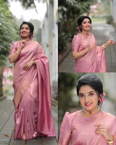 Naishu Trendz Women's Saree Kanjivaram Soft Silk Banarasi Style South Indian Zari Woven With Blouse Piece (Pinkbery Light Light Pink)