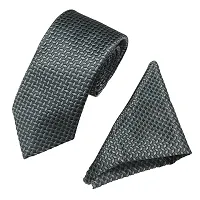 Men's Grey Premium Silk Necktie Suit Accessories Set with Pocket Square Self Design-thumb3