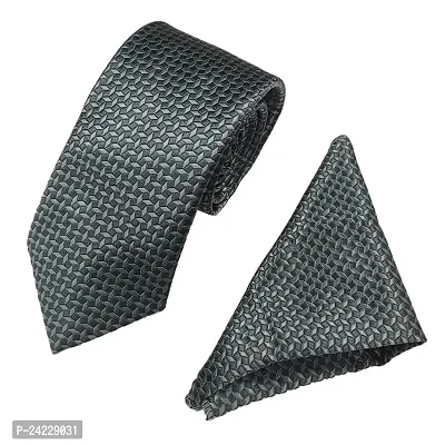 Men's Grey Premium Silk Necktie Suit Accessories Set with Pocket Square Self Design-thumb4