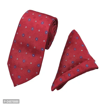 Mens Red Premium Silk Necktie Suit Accessories Set With Pocket Square Blue  White Floral Design-thumb0