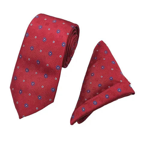 Mens Red Premium Silk Necktie Suit Accessories Set With Pocket Square Blue  White Floral Design