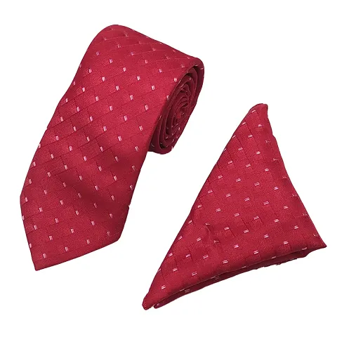 Mens Red Premium Silk Necktie Suit Accessories Set With Pocket Square White Dotted Design