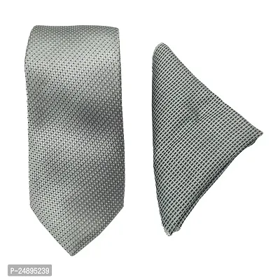 Mens White Premium Silk Necktie Suit Accessories Set With Pocket Square Black Dotted Design-thumb0