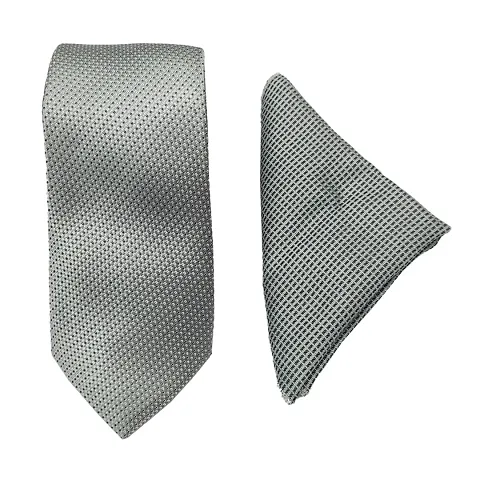 Mens White Premium Silk Necktie Suit Accessories Set With Pocket Square Black Dotted Design