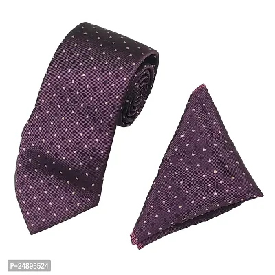 Mens Purple Premium Silk Necktie Suit Accessories Set With Pocket Square Black, White Dotted Design-thumb0