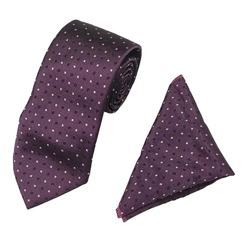 Mens Purple Premium Silk Necktie Suit Accessories Set With Pocket Square Black, White Dotted Design