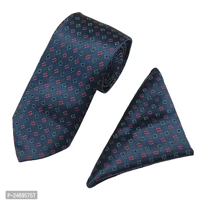 Mens Navy Blue Premium Silk Necktie Suit Accessories Set With Pocket Square Red, Black Design-thumb0