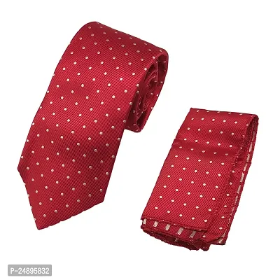 Mens Red Premium Silk Necktie Suit Accessories Set With Pocket Square White Dotted Design-thumb0