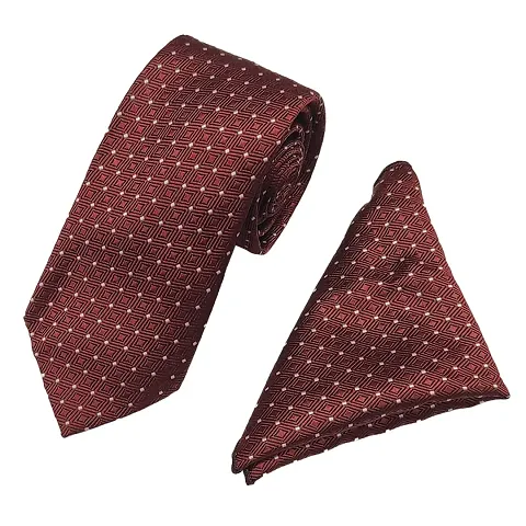 Mens Maroon Premium Silk Necktie Suit Accessories Set With Pocket Square White Dotted Design