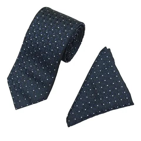 Mens Navy Blue Premium Silk Necktie Suit Accessories Set With Pocket Square White Dotted Design