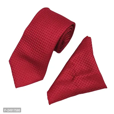 Mens Red Premium Silk Necktie Suit Accessories Set With Pocket Square Self Striped Design-thumb0