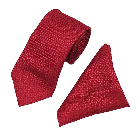 Mens Red Premium Silk Necktie Suit Accessories Set With Pocket Square Self Striped Design