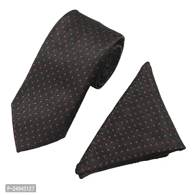 Mens Black Premium Silk Necktie Suit Accessories Set With Pocket Square Red Dotted Design-thumb0